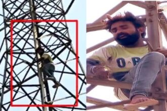 पत्नी से विवाद के बाद हाईटेंशन लाइन के टावर पर चढ़ा युवक, पत्नी को बुलाने पर अड़ा, पुलिस ने काटा चालान