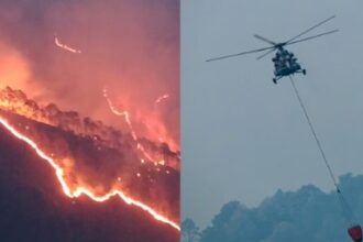 एमआई 17 के हेलीकॉप्टर की मदद से बिनसर अभयारण्य के जंगल में पानी डालने का काम शुरू